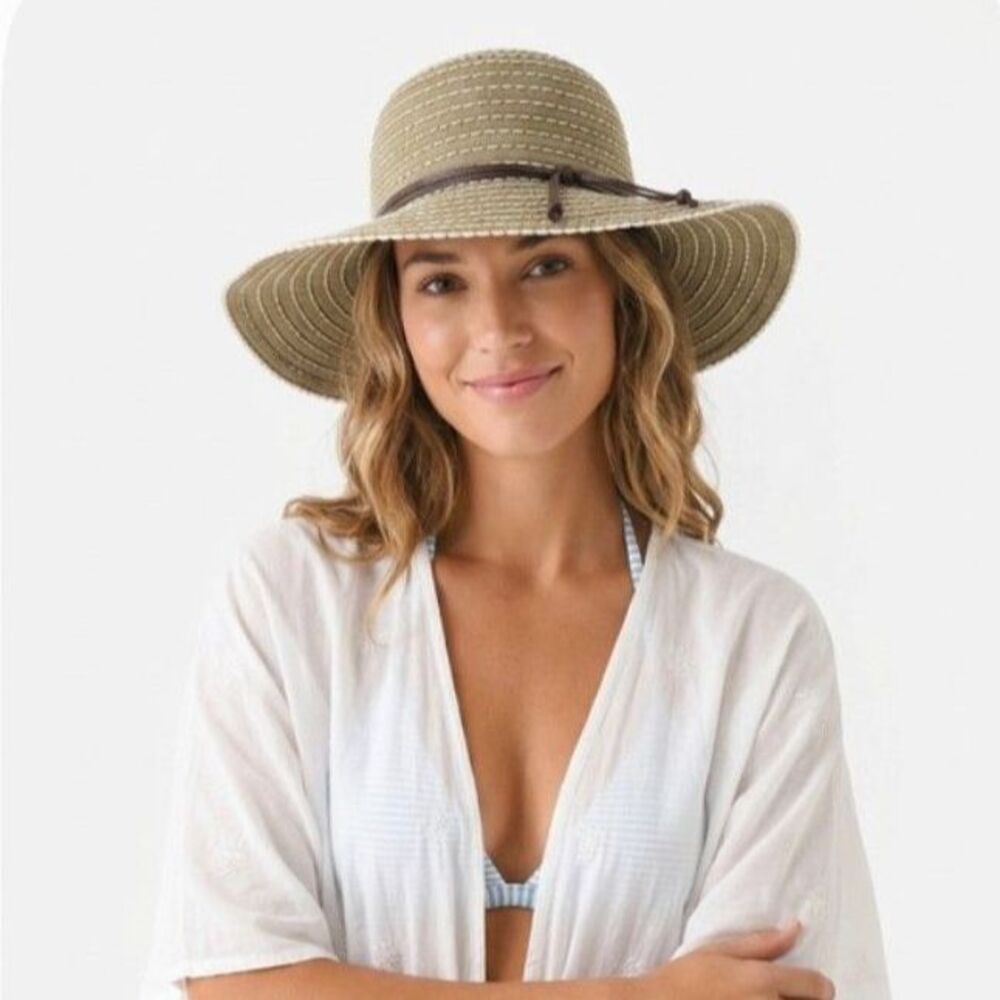 Scala Womens NWOT Light Brown Canvas White Stitching Accent Floppy Sun Hat